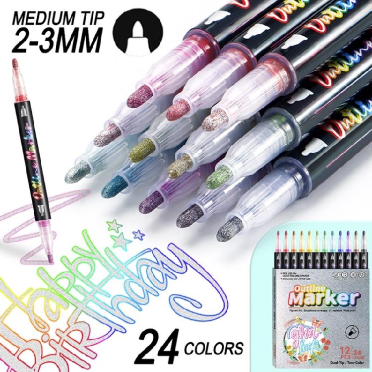 Outline Pen Set, 12Pcs Metallic Outline Marker Pens Gifts Card Writing Double Line Outline Pens Metallic Paint Markers