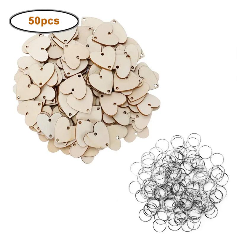 50pcs/pack Unfinished Blank Wood Round/Heart/Star Pendants Disc Wooden Pieces with Hole and Conneted Rings for DIY Craft Art