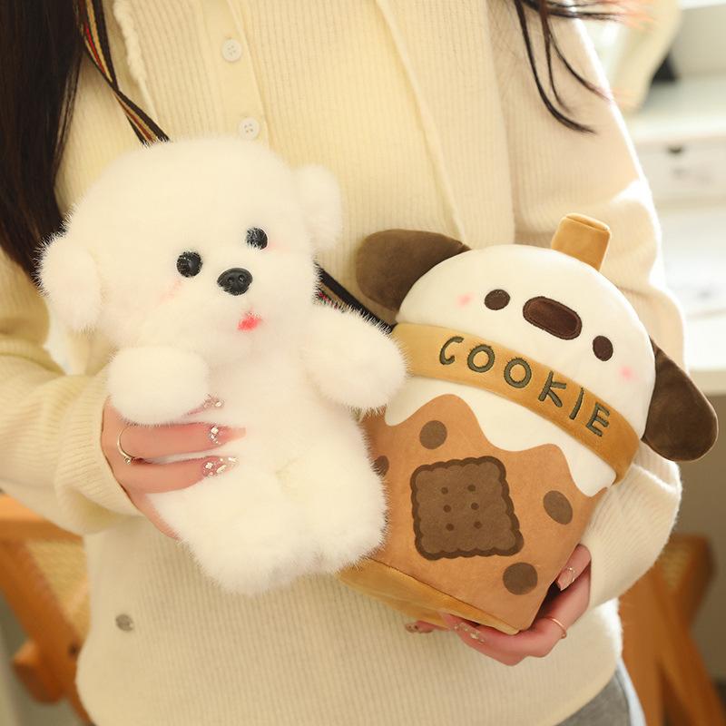 Cute Cute Milk Tea Dog Bag Puppy Doll Plush Toy Teddy Dog Doll Girl Messenger Bag Rag Doll