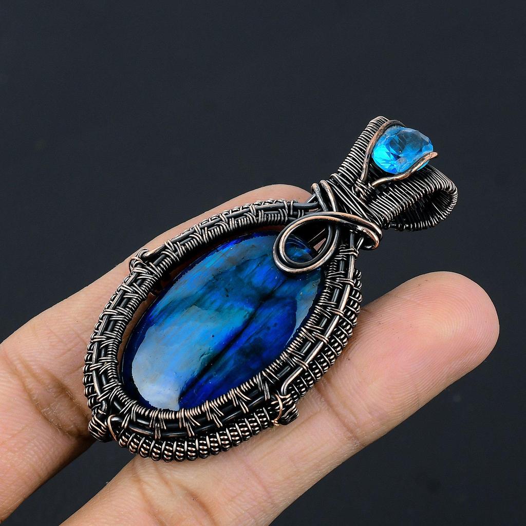 Blue Flash Labradorite Handmade Pendant, Natural Gemstone Jewelry, 999 Copper Wire Wrapped Pendant Jewelry, For Gift