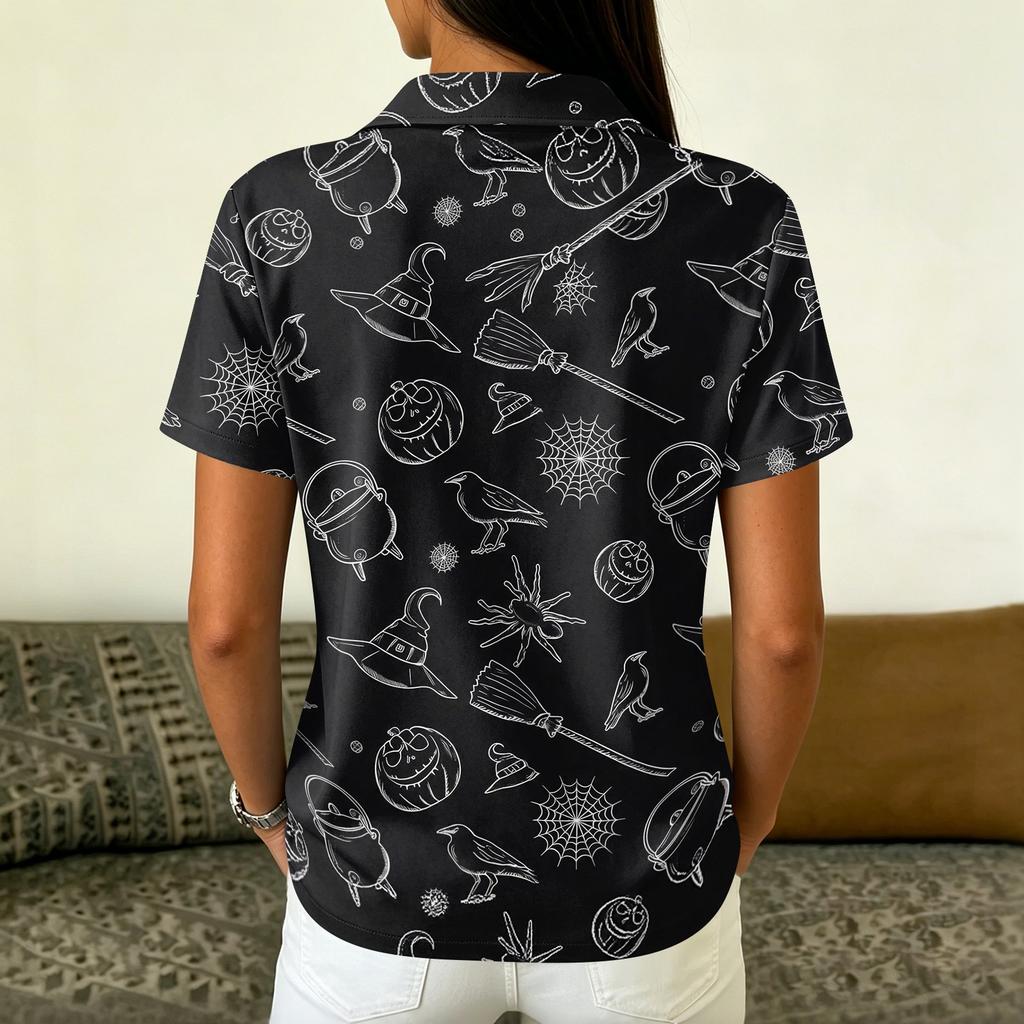 Women's Casual Button Down Short Sleeve Blouse with Halloween Print Lapel