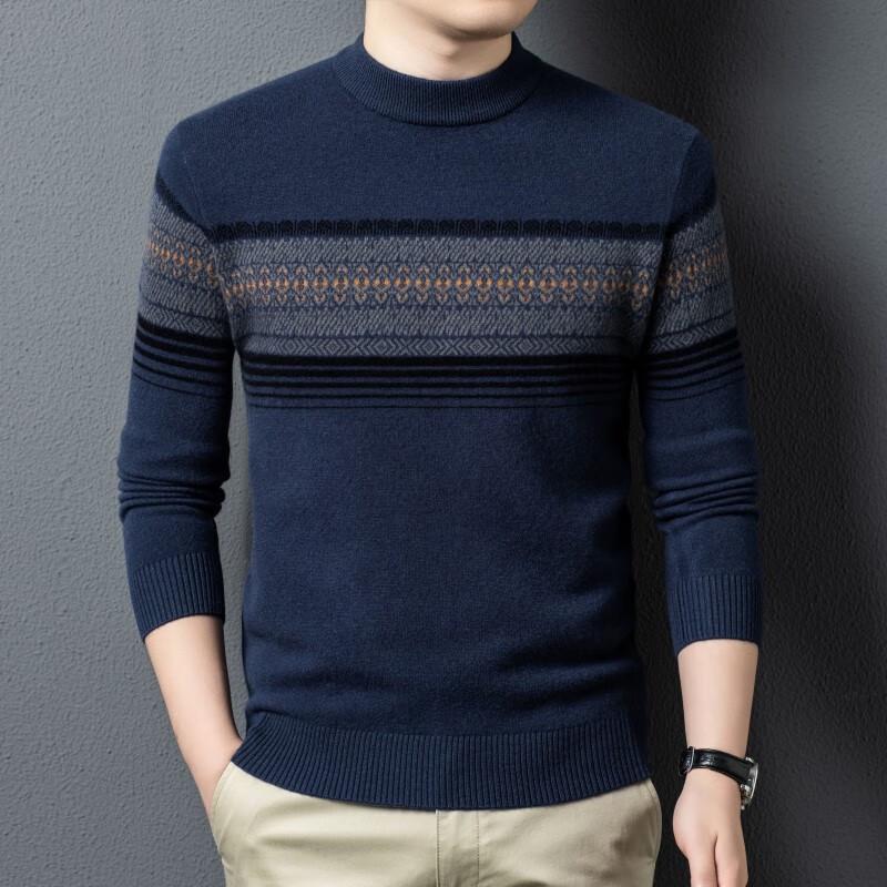 Men's 100% Pure Wool Striped Half-High Neck Sweater