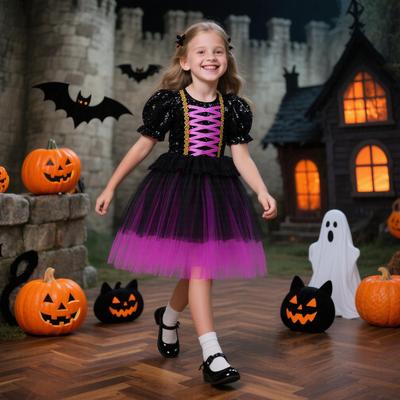 Halloween Sleeping Beauty Witch Cosplay Costume for Girls: Black and Purple Mesh Dress