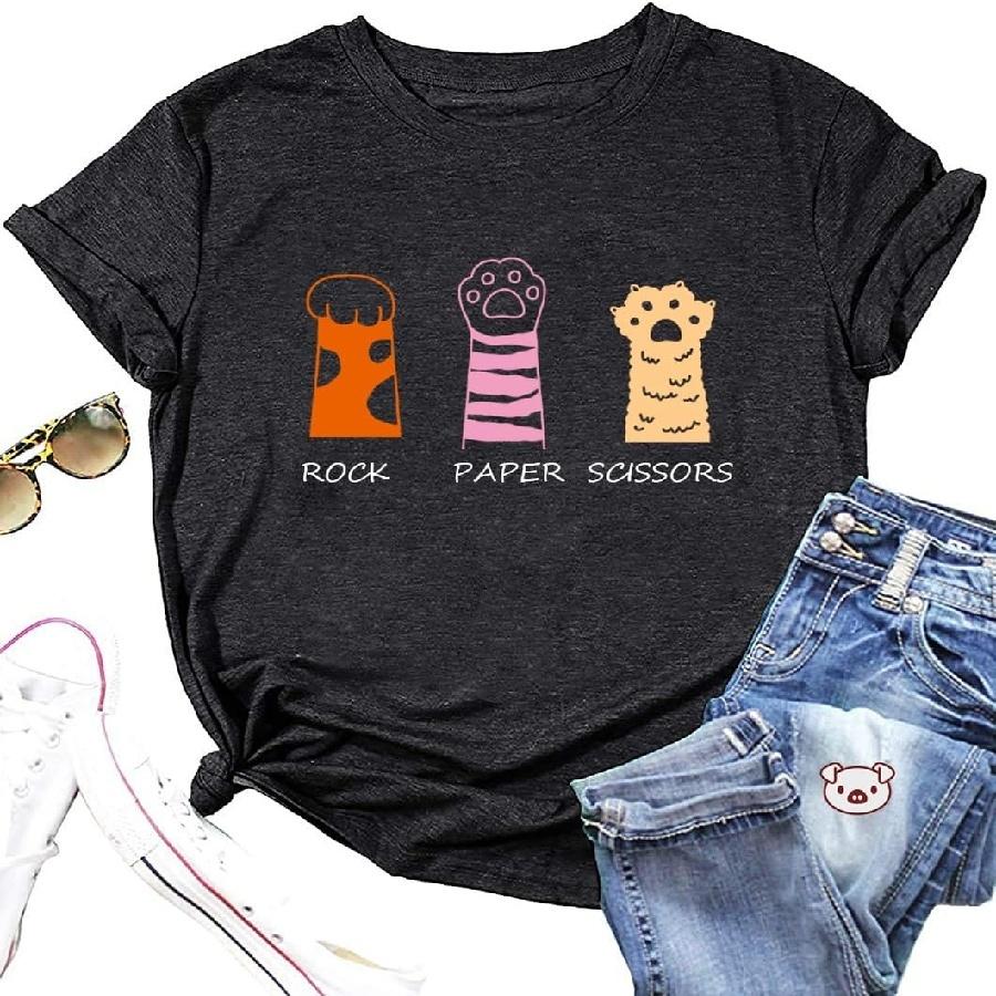 Cat Shirt for Women Funny Rock Paper Scissors Tshirts Cute Cat Paw Graphic Tee S
