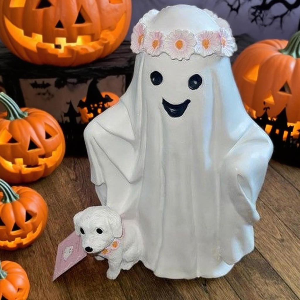 Ghost Figure Walking Dog Cute Halloween Ornaments Resin Cute Figurines Decor For Fireplace Home Desk Table Indoor Bookshelf