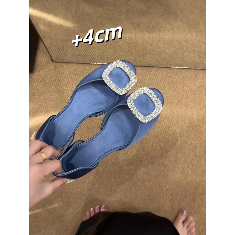 

Sheepskin version~ New French rhinestone inner height increase shallow mouth single shoes femininity round head hollow sandals flat bottom ladyshoes 34