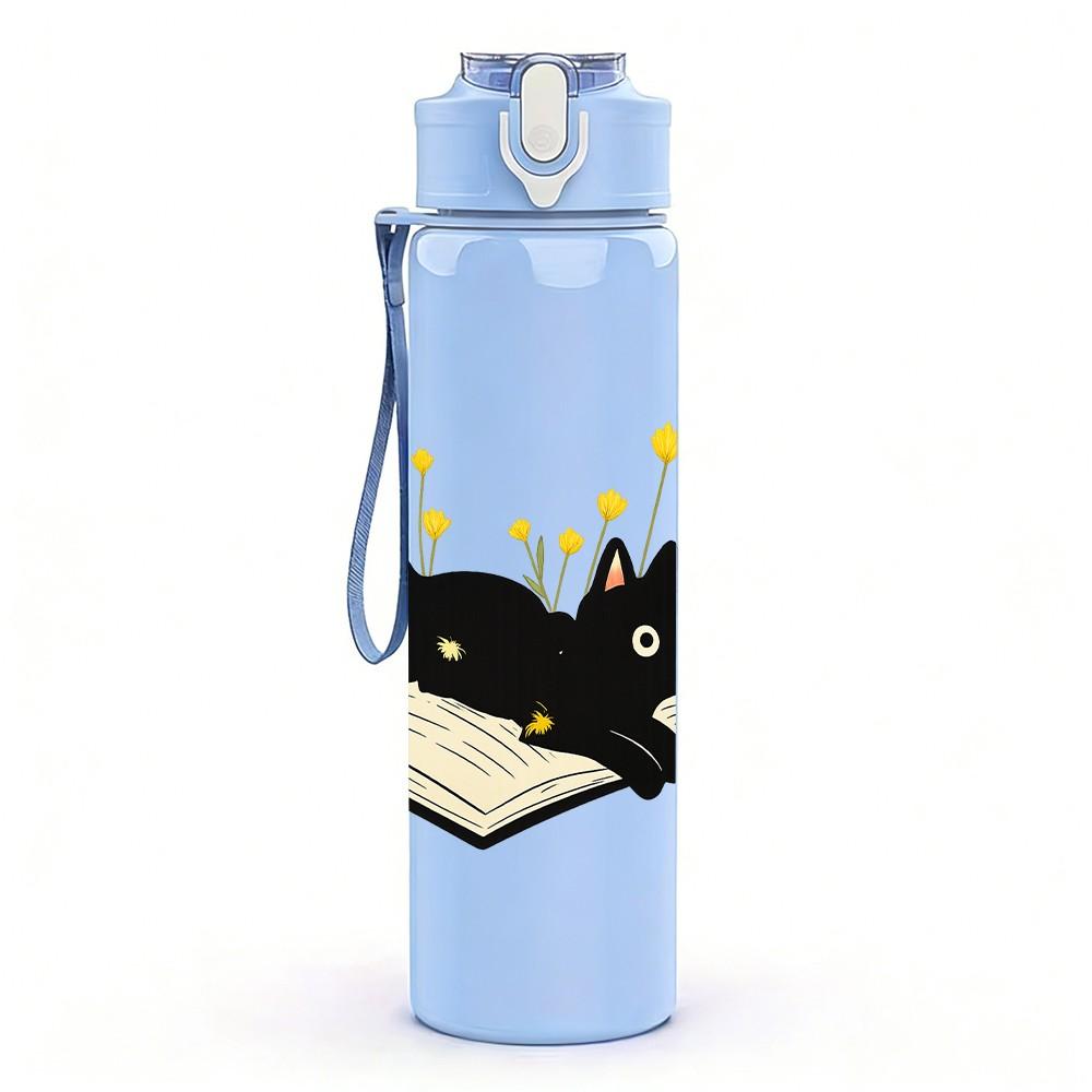 1PC Black Cat Reading Book Art 750ml Color Plastic Sports Water Bottle Leakproof Flip Straw Lid Suitable for Sports Office Home Use