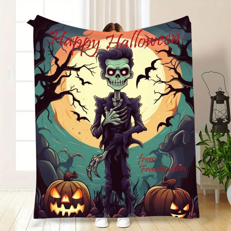 Soft Fleece Blanket With Halloween Digital Print Bed Sofa Nap Use Customizable Cartoon Geometric