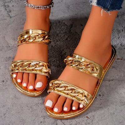 Fashion Ladies Shoes 2024 Hot Sale Open Toe Women Slippers Summer Chain Solid Outdoor Casual Beach Flat Large Size Comfortable Slippers