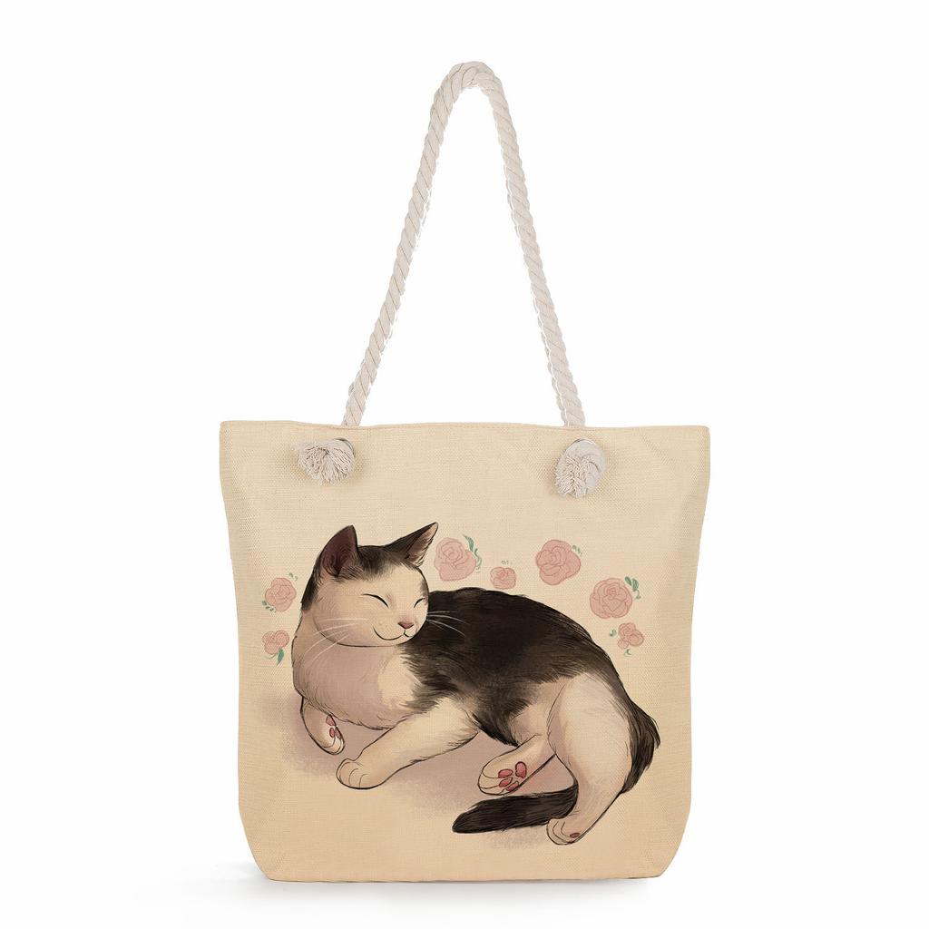 Cartoon cat print thick rope single-shoulder beach bag 7233