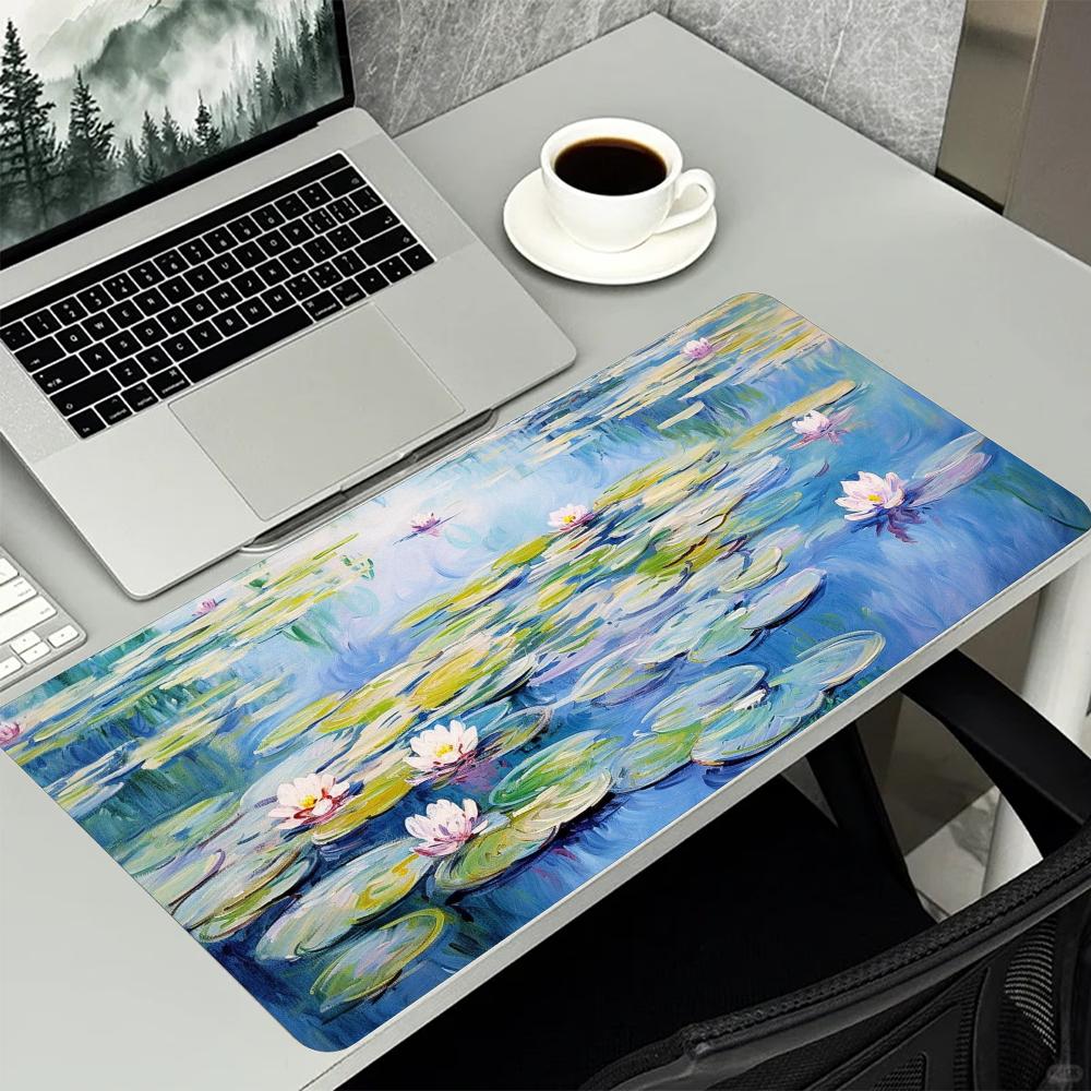 Large Mouse Pad Monet Water Lilies Print Stitched Edge AntiSlip Rubber Desk Mat For Gaming Working Home Office Laptop Use