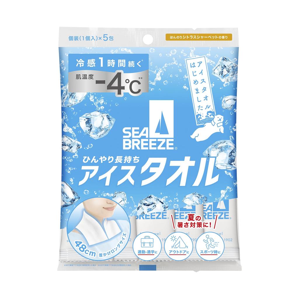 SEABREEZE Ice Citrus Sherbet 5 Full Clean Towel, Scent, Packs, Long, Body, Face, Sweat, Dirt, Comfortable, Sebum, Shine, Menthol, Refreshing,