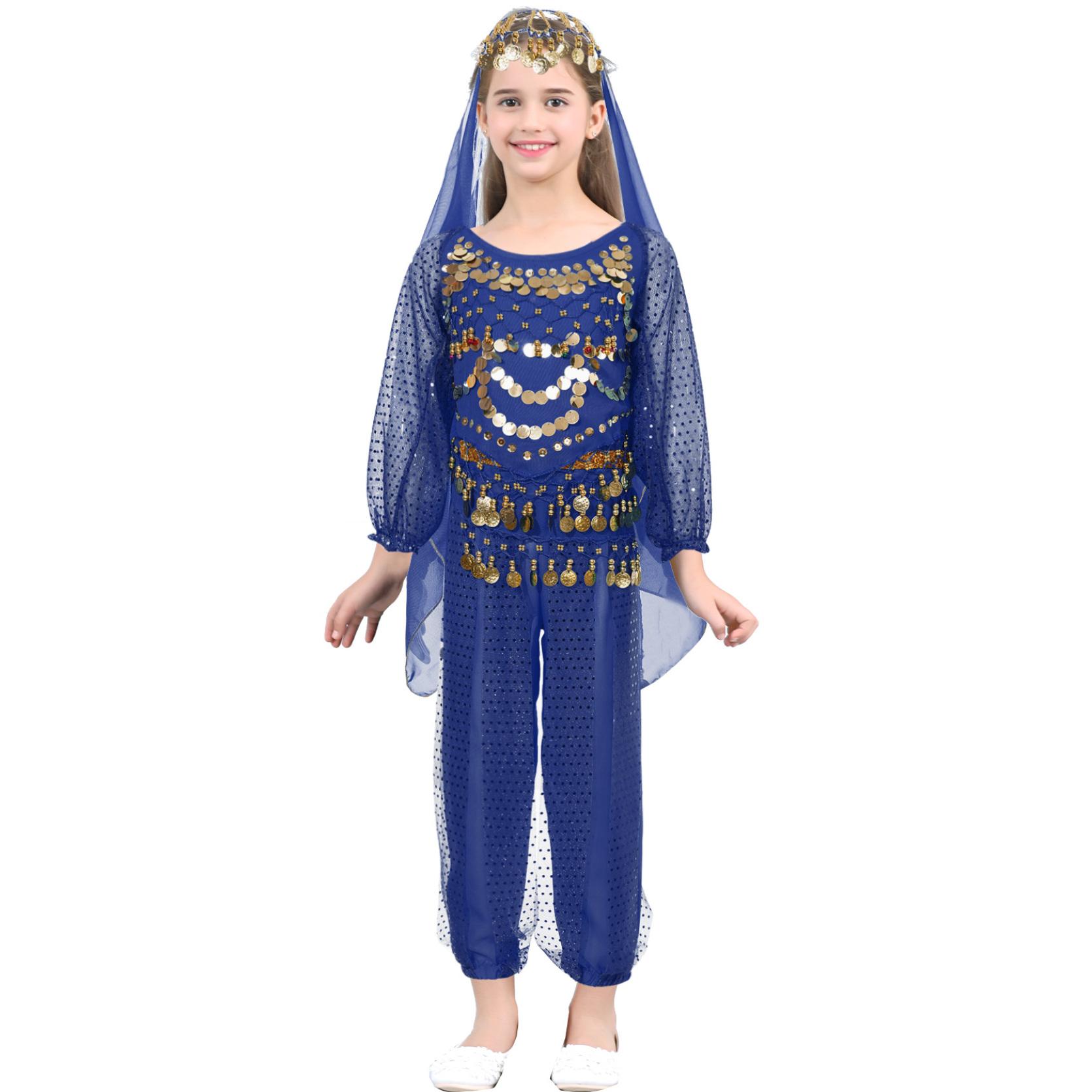 

Одяг для танцю живота для дітей, дівчаток, чотири частини, комплект для вистави на Хеллоуїн, укорочений топ із шнурівкою, довгими рукавами та штанами, хустка на стегнах, хустка 7-10 Years королівський синій колір