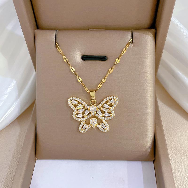 Butterfly Heavy Industry Necklace Women'S Copper Micro-Inlaid Real Gold Electroplating Delicate Clavicle Chain Neck Chain