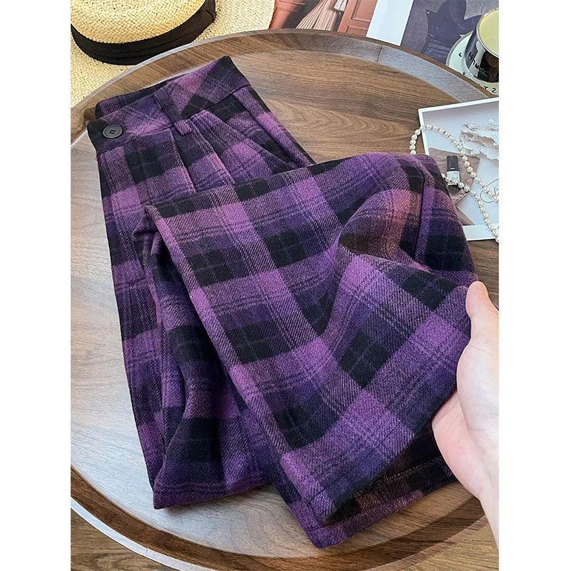 

Purple High-Waisted Wide-Leg Plaid Pants - Women s Autumn/Winter Slimming, Casual, Versatile Style 2XL (for 135-150 kg) фиолетовый