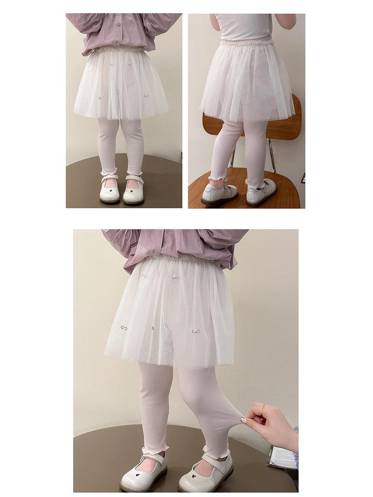 Pantalon en maille pour filles Printemps & Automne avec Jupe en Gaze Perle - Leggings Élégants Deux-en-Un pour Bébés Filles