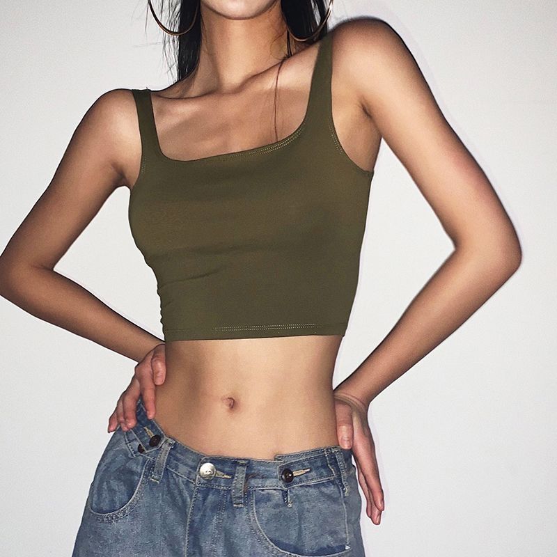 

INS Трендовая верхняя одежда Xuan Ya квадратный вырез широкие бретели женская мода спортивный I-образный жилет внутренний базовый бюстье топы Army green S