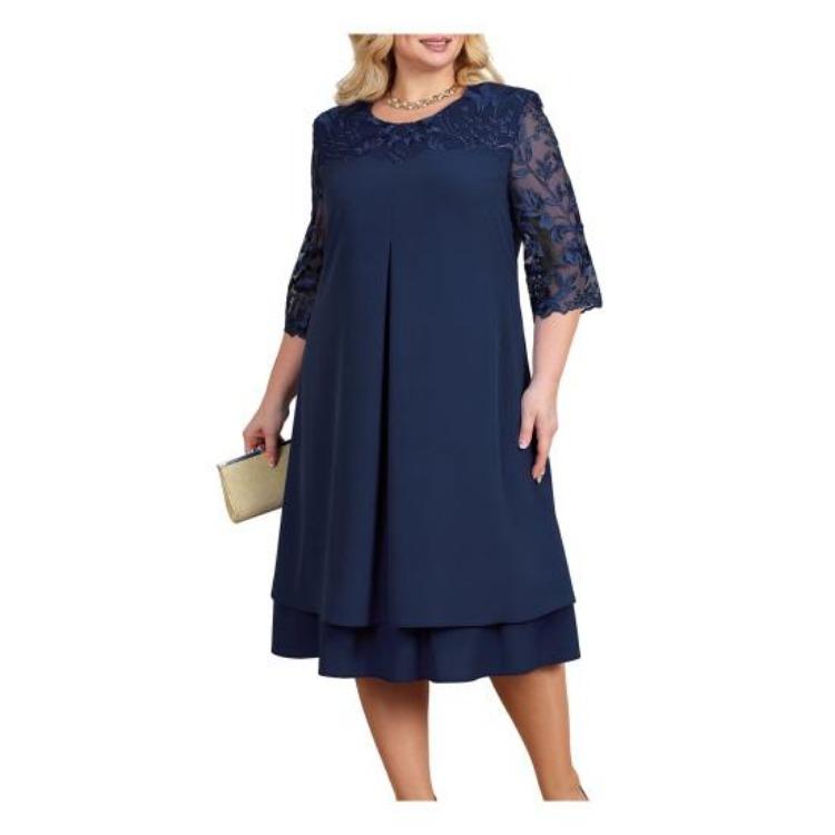 

Элегантное платье для выпускного вечера большого размера, женское, свободное, миди, сетчатое, прозрачное, пэчворк, аппликация в виде листа, короткий рукав, круглый вырез, весенне-осеннее платье L темно-синий