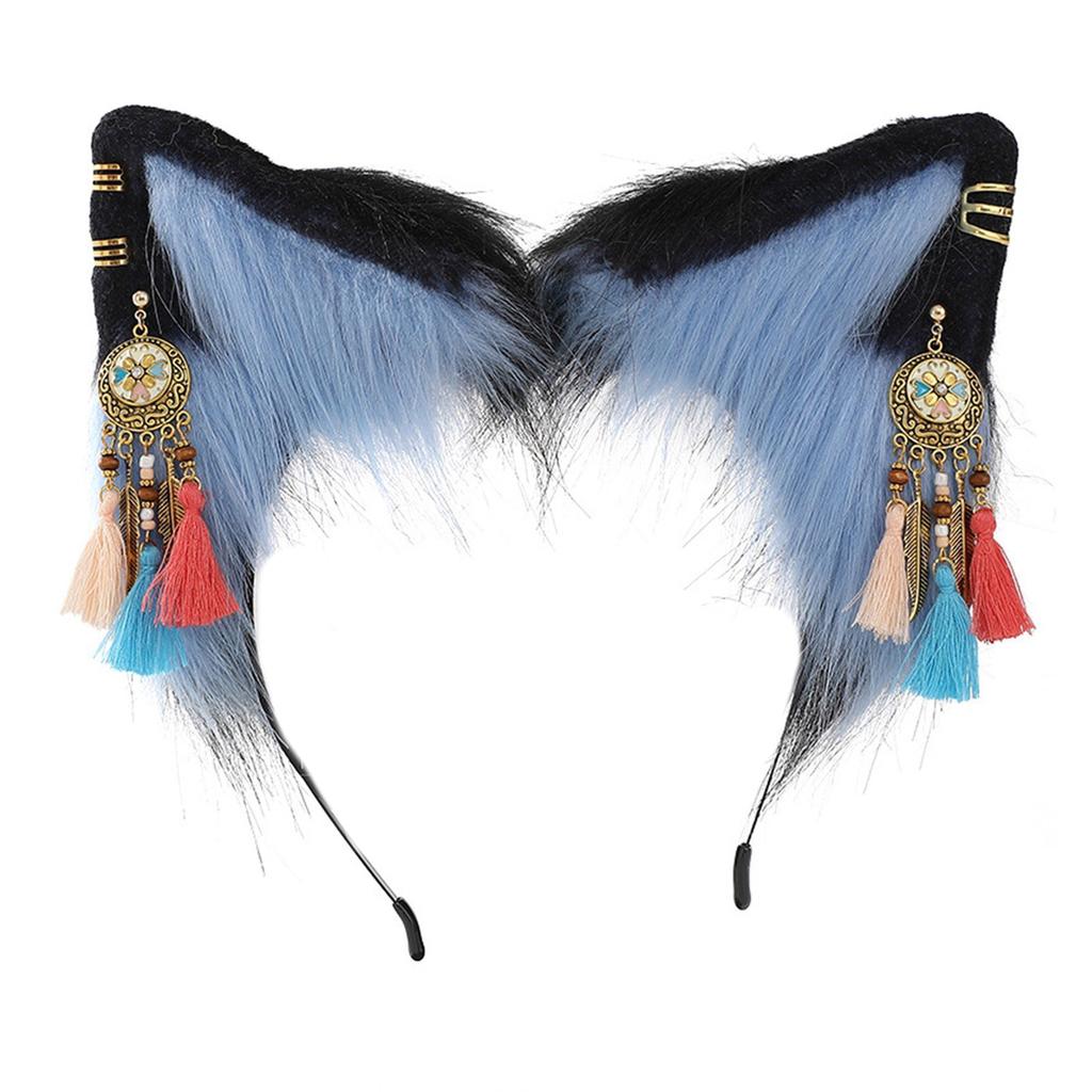 Plush Cat Ear Headband with Ethnic Earring Decor Plush Cat Headband for Movie Enthusiasts Adult Live Broadcast Headpiece