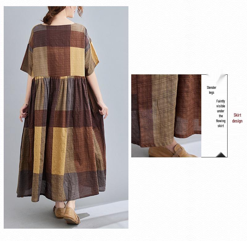 2023 Spring/Summer Plus Size Women's Cotton Linen Print Midi Dress - Short Sleeve