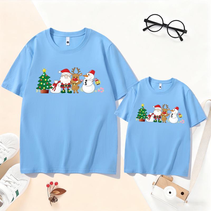 Family Christmas Reindeer T-Shirt Set: New Year Parent-Child Santa Claus Outfit for 3-4 Members, Mother-Daughter Short Sleeve.