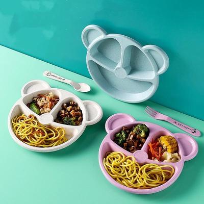 Dinner Plate Wheat Straw Tableware Cartoon Bear Children Dishes Kids Dinner Plate Baby Plate Fork Spoon Baby Eating Anti-hot Training Dinnerware Set
