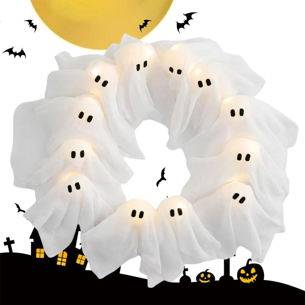 Lustiger 11-LED-Lichter Geisterkranz 35cm Cartoon Halloween-Kranz Wanddekoration Weiß Gruselig Haustür Hängende Dekoration Garten