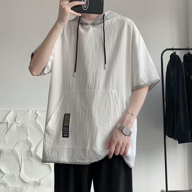 Men's Hooded Ice Silk Contrast Color Two-Piece Short Sleeve T-Shirt, Hong Kong Style, Loose Summer Trend.