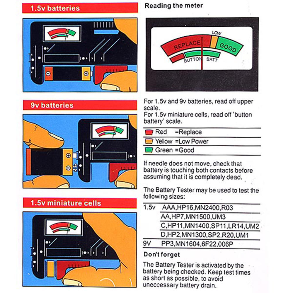 New AA AAA C D 9V 1.5V Universal Button Cell Battery Volt Tester Checker