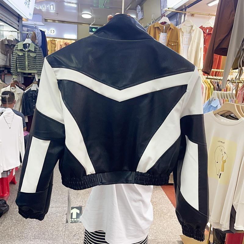 Hübsche Motorradjacke für Damen im Frühling und Herbst, schwarz-weiße Kontrastfarbe, schwere Industrienähte, bestickte Lederjacke für Damen