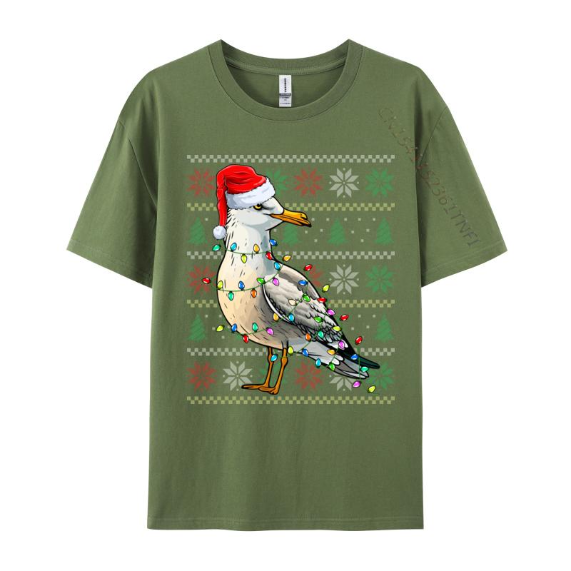 Seagull Wearing Santa Hat Xmas Lights Seagull Christmas T Shirt Funny Homme T-Shirt Pure Cotton Sweatshirt Oversized