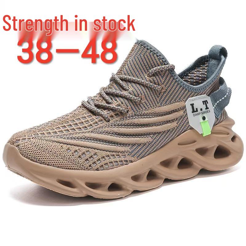 Men's 48 Size Flyknit Breathable Mesh Casual Shoes - Spring/Summer Trendy with Twisted Sole and Shock Absorption.