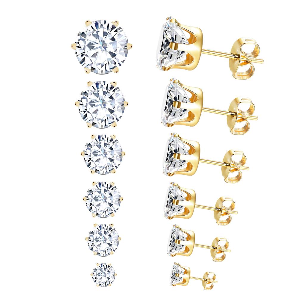 6Pairs/Set CZ Stud Earrings Stainless Steel Round White Cubic Zirconia Hypoallergenic 6 Claws Earring Trendy Jewelry