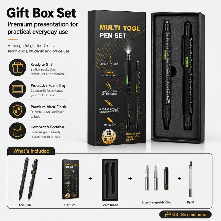 Multifunctional Metal Ballpoint Tool Pen Gift Set with Light, Bottle Opener, Stylus, and Ruler