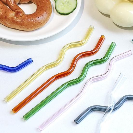 High Glass Wavy Straws Reusable Colorful Straws for Juice Tea Coffee Eco-Friendly High Temp Resistant BPA-free Glass Twist Transparent Straw