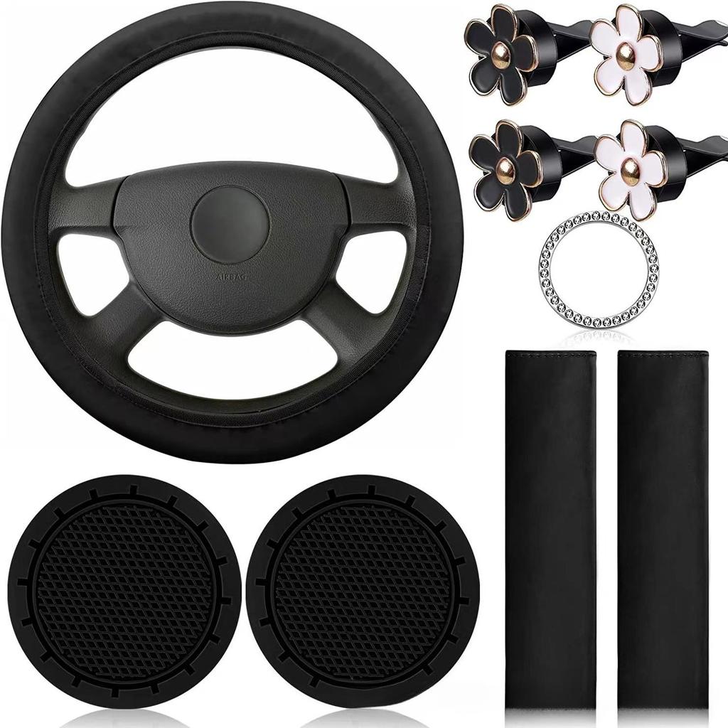 10Pcs Car Accessories Set Steering Wheel Cover Safety Shoulder Clip Cup Holder Start Button Clip Air Vent Flower Decor Covers