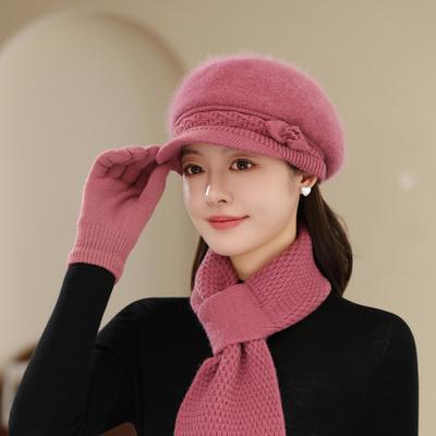 Rabbit Fur Peaked Hat Winter Windproof New Thickened Ear Protection Mother's Hat Outdoor Warm Knitted Hat Scarf