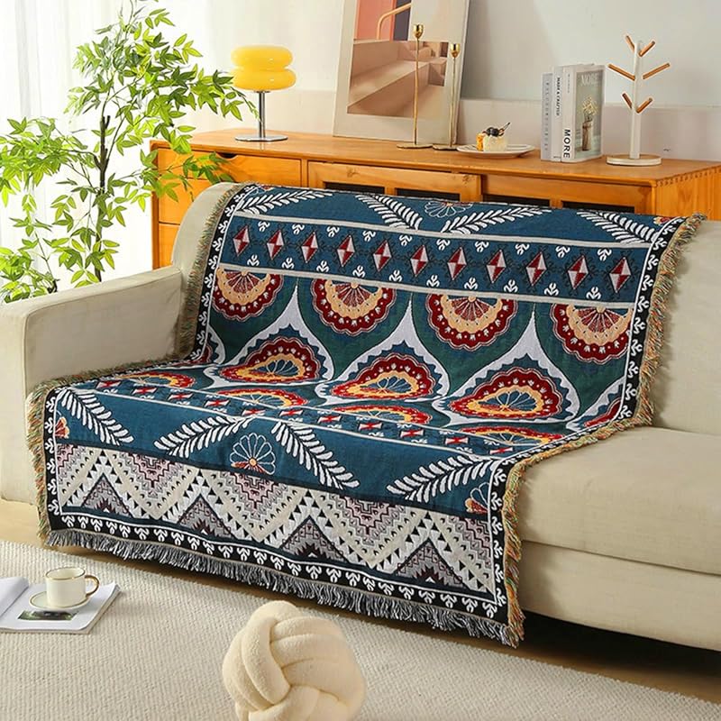 Double-Sided Cotton Woven Throw Blanket with Tassel Jungle Bohemian Style Tapestry Shawl Multi-Function Decorative Throws for Sofa Bed Armchair