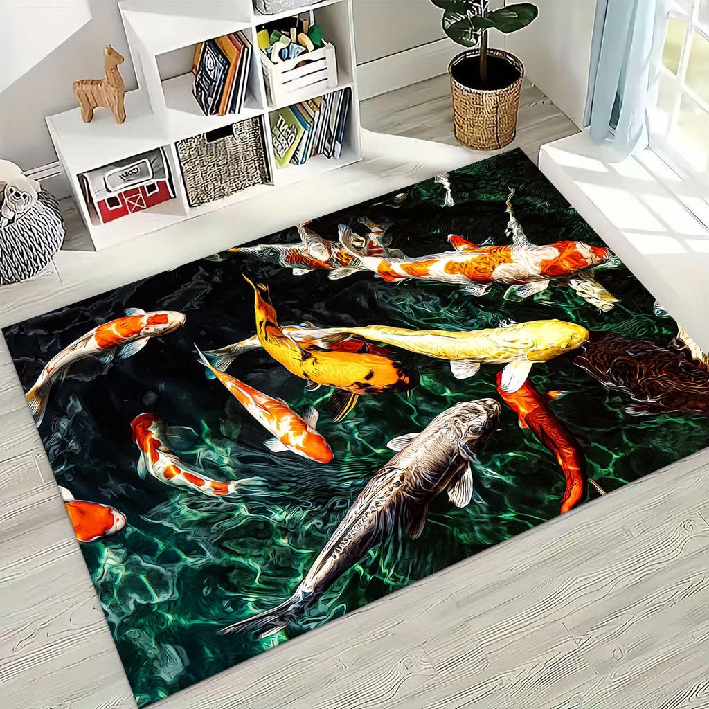 Luxurious Lucky Koi Fish Yin Yang Carp Cartoon Rug for Bedroom Living Room Sofa Home Doormat Decor,Large Kids Non-slip Floor Mat