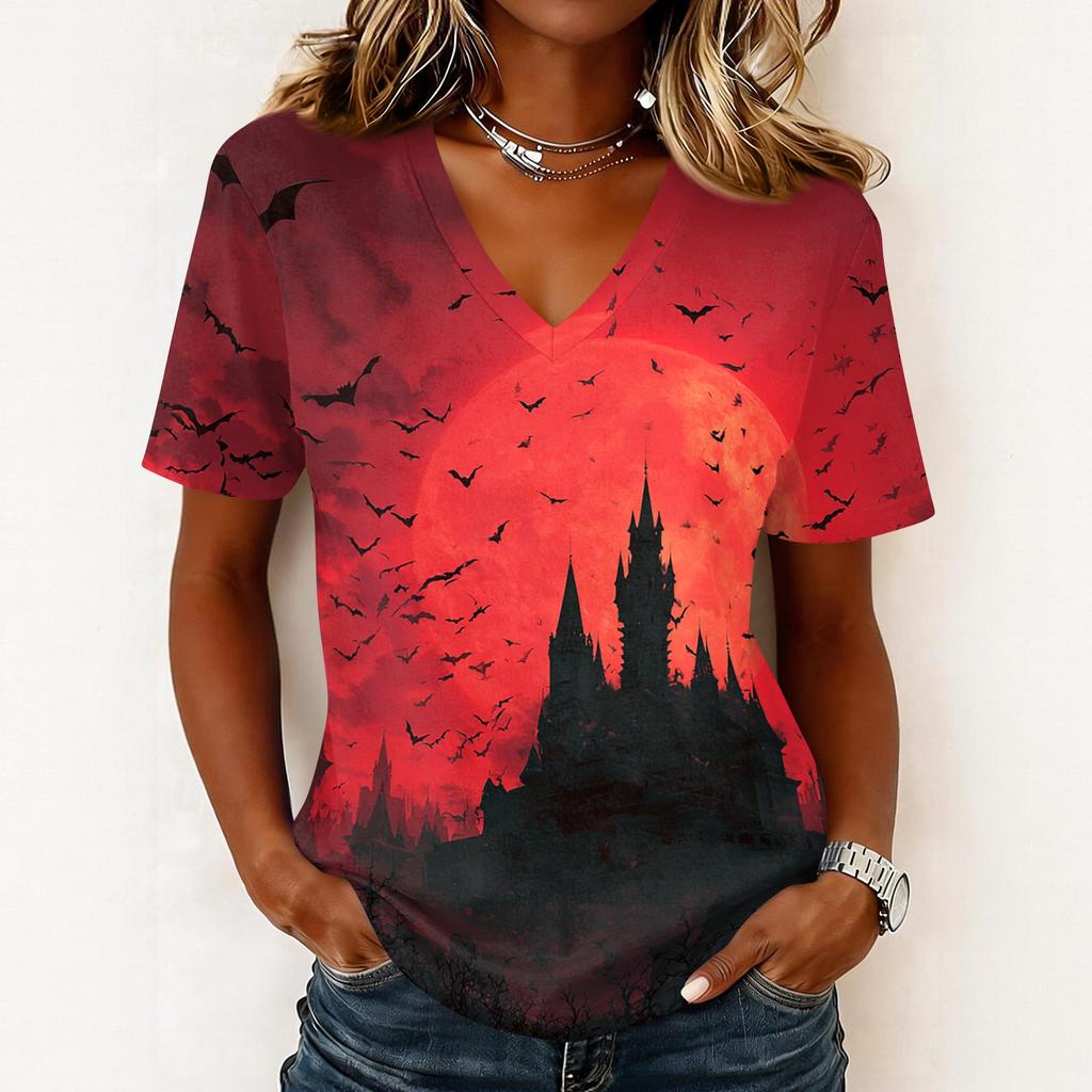 Women's Halloween Print V Neck Pullover Top Short Sleeve Casual Blouse Lightweight Comfortable Fit Seasonal Shirt