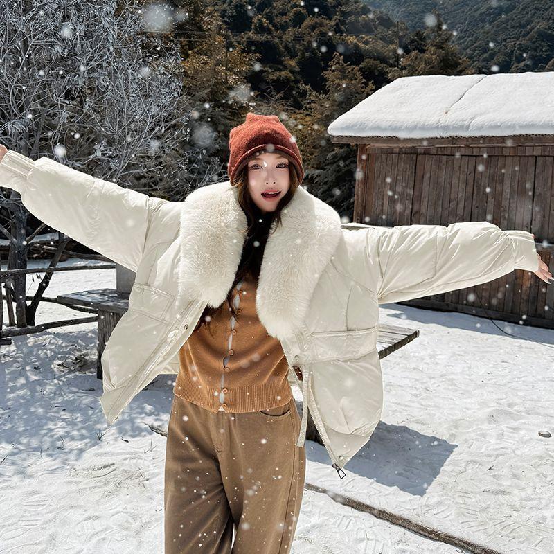 Chic Winter Women Jacket Korean Style Faux Fur Collar Slim Fit Warm Padded Coat Fashionable Outwear