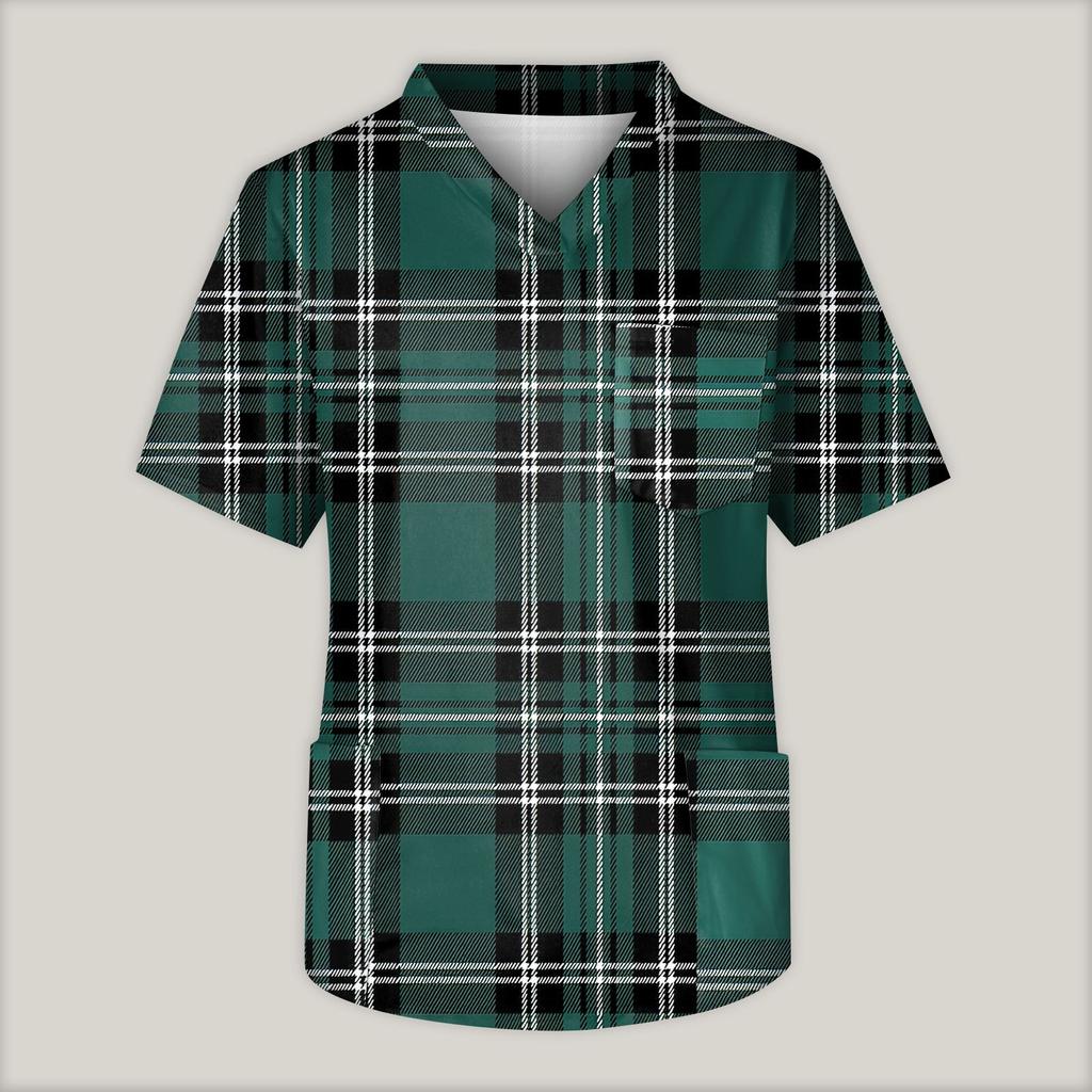 Men's Printing Short Sleeve V-neck Working Blouse Chest Pocket Carer Top