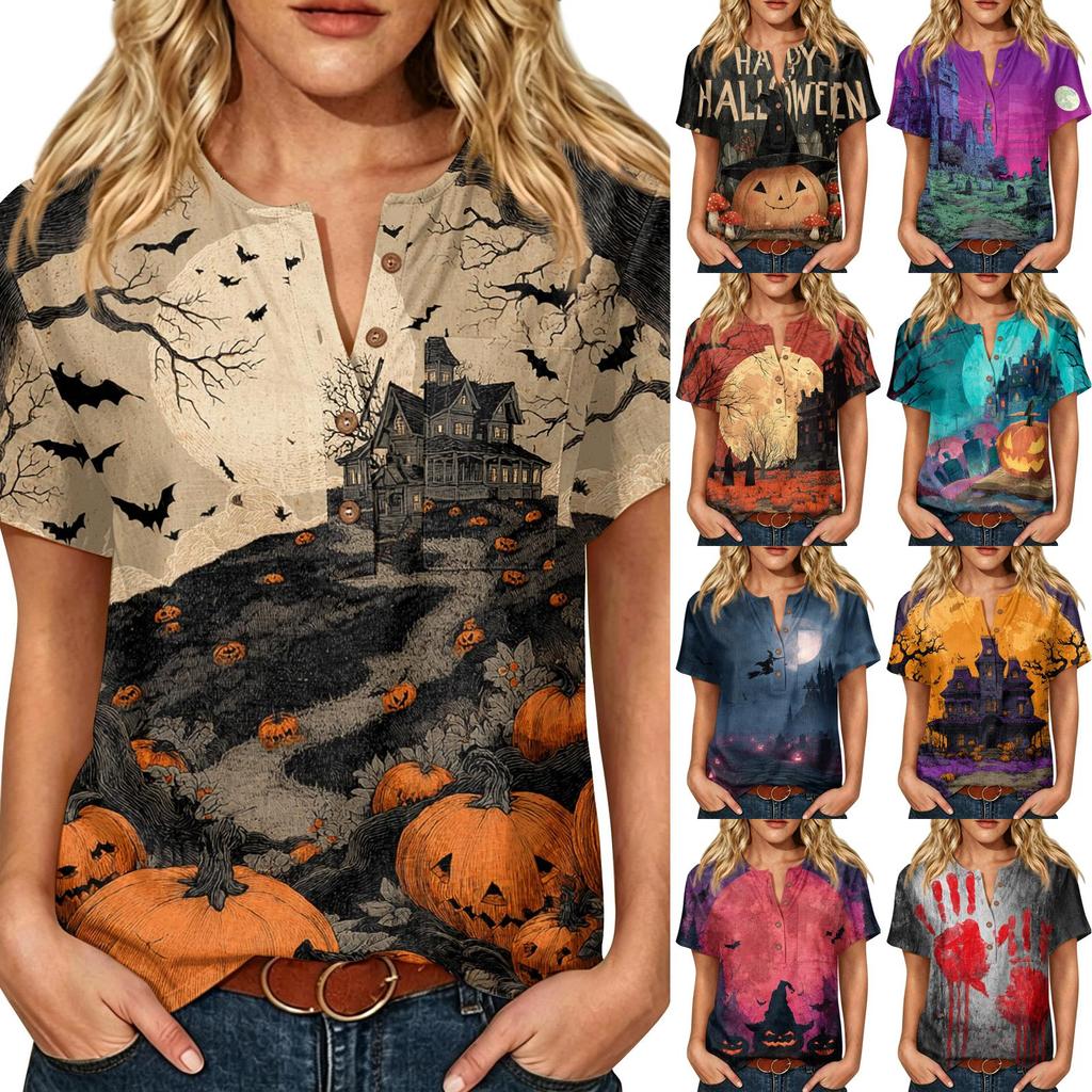 Women's Halloween Print Button Down Short Sleeve Cotton Linen Shirt with Chest Pocket