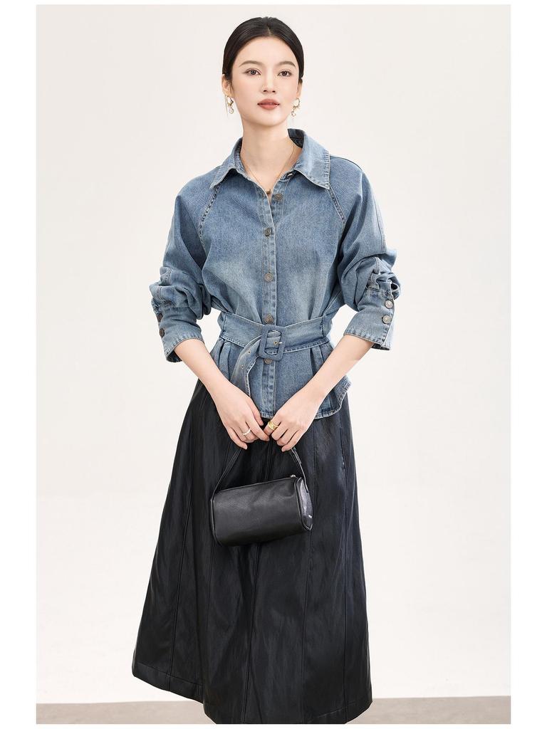 High-Quality Nanyou Retro Bleached Lace-Up Denim Shirt - Early Spring Long-Sleeved Top