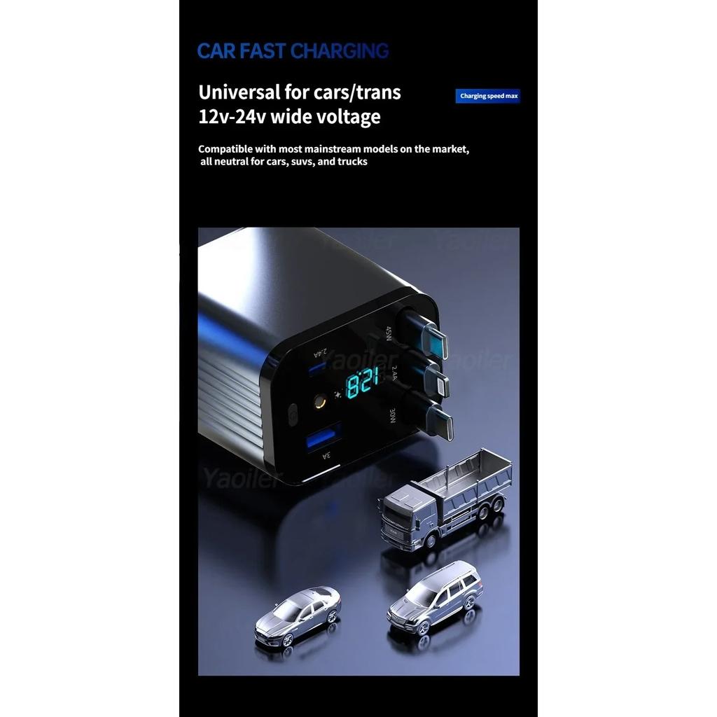 120W Retractable Car Charger Adapter, 5-in-1 Fast Charging USB C Starry Sky Phone Charger with 3 Retractable Cables,for IPhone