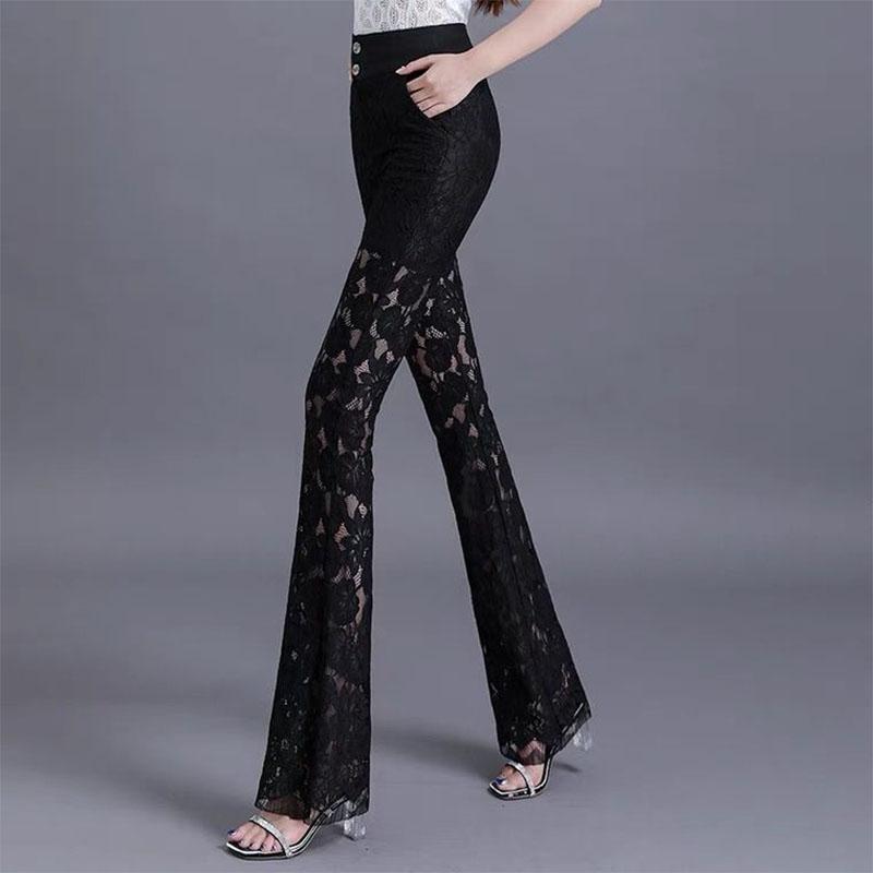 Y2k Korean Pant Suits Lace Hollow Out Summer Thin Flare Pants High Waist Solid Women Elegant Casual Fashion Female Trousers 2022