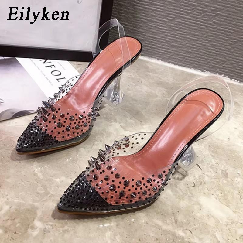 Fashion Eilyken Gold  Silver PVC Transparent Rivet Diamond Pumps Sandals Perspex Heel Pointed Toe Crystal Wedding Shoes