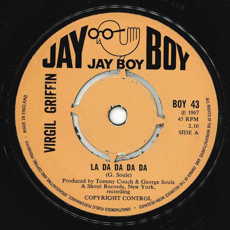 

7-дюймовая пластинка VIRGIL GRIFFIN - La Da Da Da Da BOY43 Jay Boy 1971 UK Soul/Funk Б/У