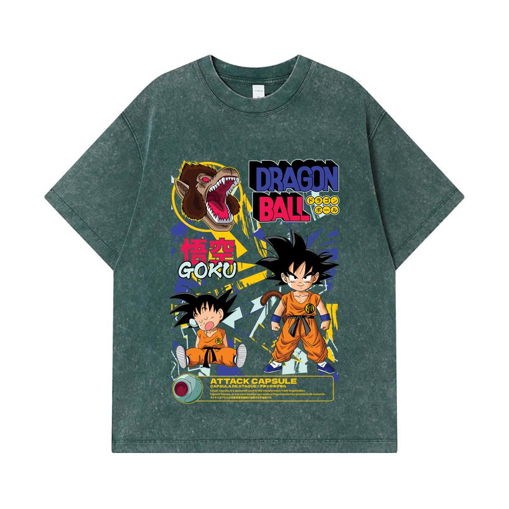 275 GSM Washed T-shirts 100% Cotton Dragon Ball V40 Goku Capsule Print Unisex Heavy Cotton T Shirt