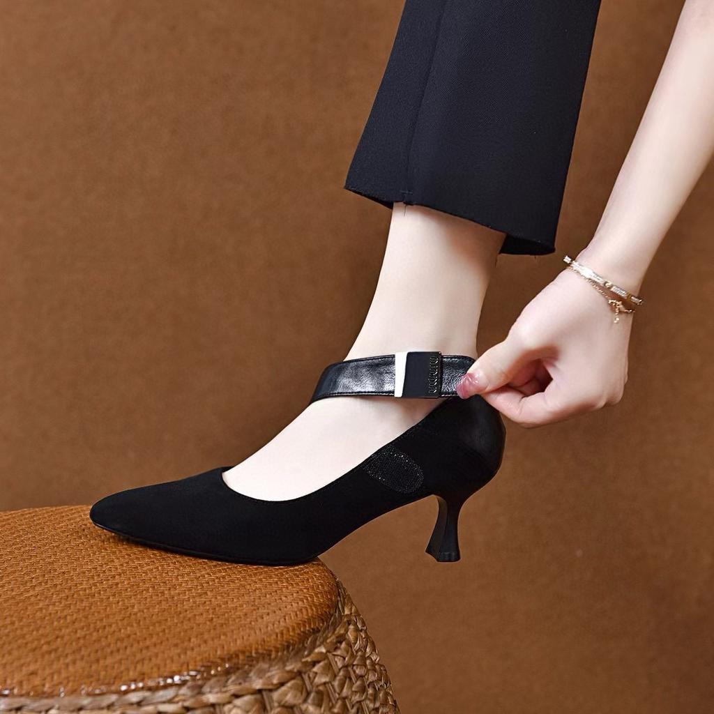 Pointed High Heels Women's 2025 Spring New European and American Style Simple Temperament Small Single Shoes One-word Buckle Shallow Mouth Fashion Sho